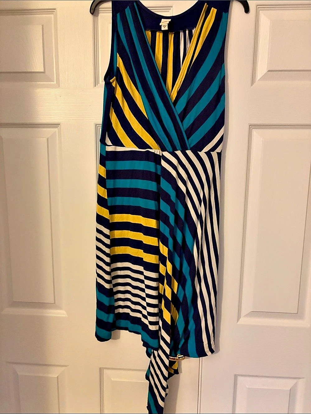 Sangria Striped Asymmetrical Dress in Blue & Yellow Size Medium